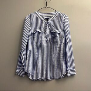 Talbots Blue/White 100% Cotton Long Sleeve Top with Tie Up Neckline - XS